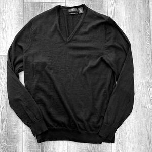 Calvin Klein Men's Black V-Neck‎ Sweater Size L Extra Fine Merino Wool Preppy